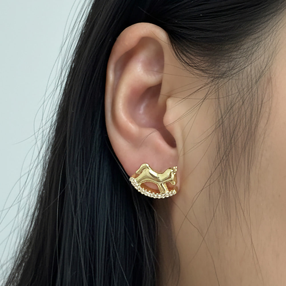 14K Gold Dipped CZ Pave Rocking Horse Stud Earrings