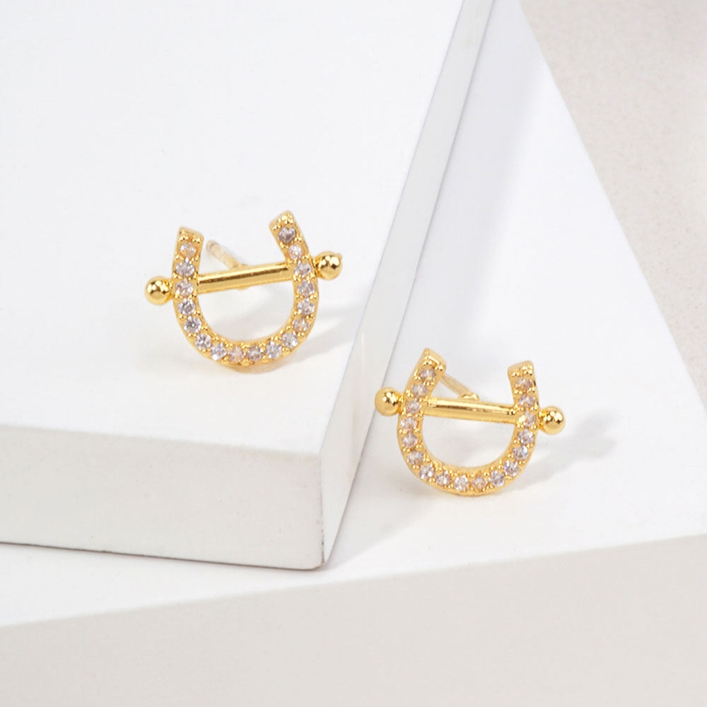 14K Gold Dipped CZ Pave Lucky Horseshoe Stud Earrings