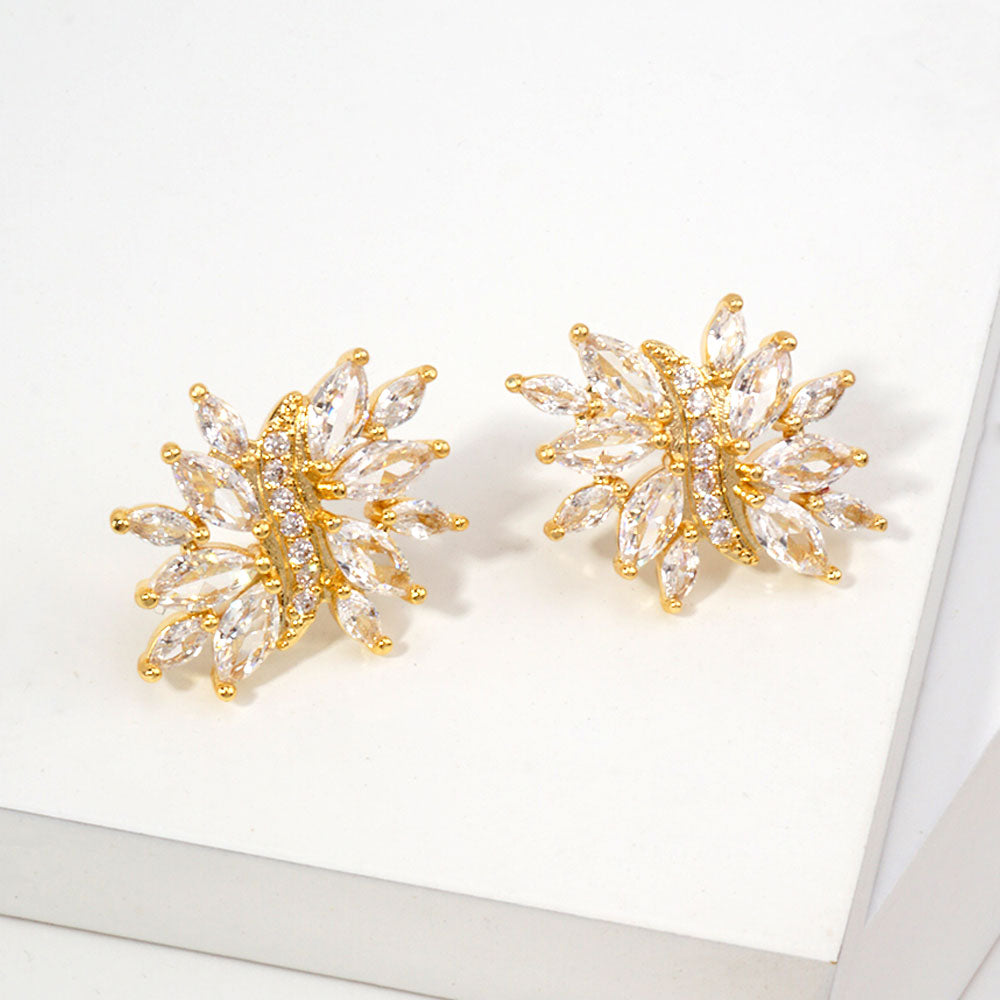14K Gold Dipped Marquise CZ Floral Stud Earrings