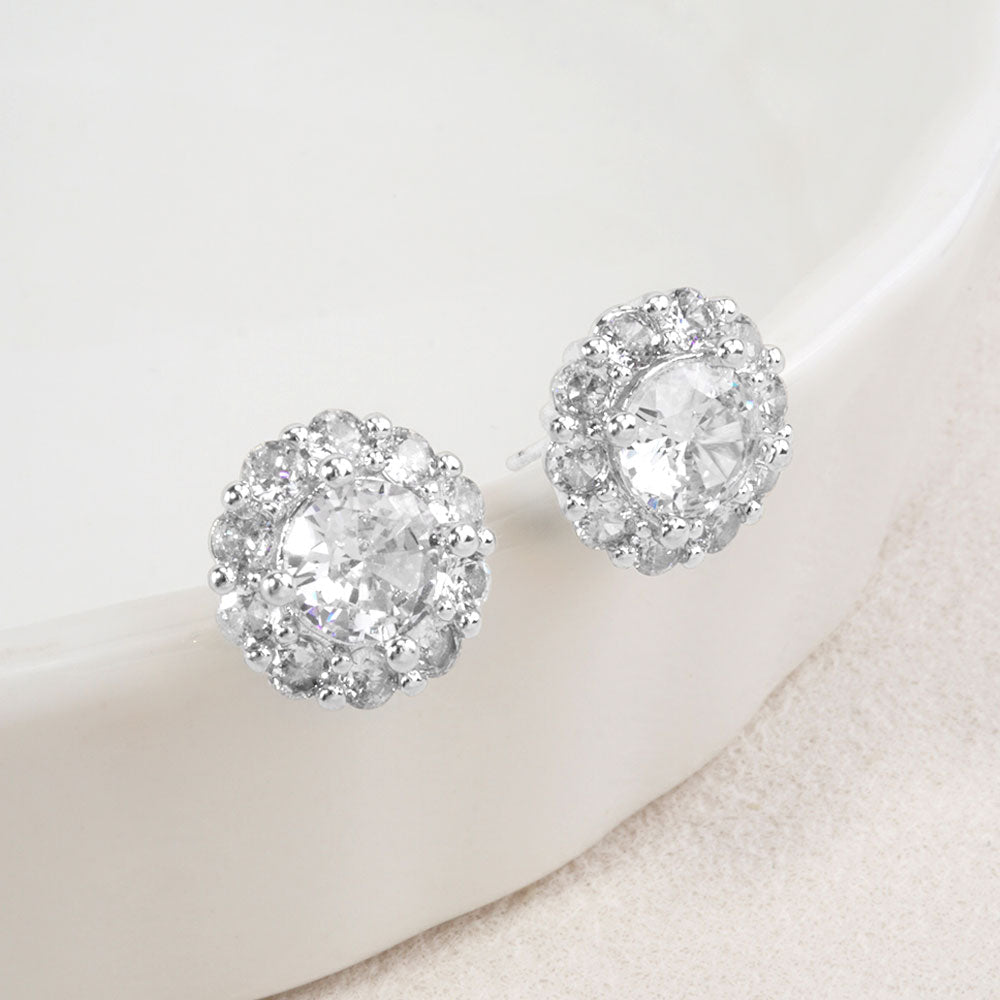14K Gold Dipped Dainty Round Halo CZ Stud Earrings