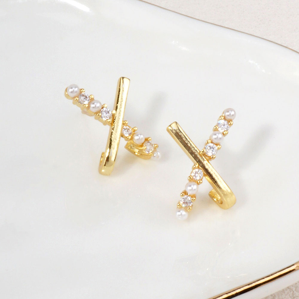 14K Gold Dipped Pearl CZ Cross Bar Stud Earrings
