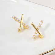 14K Gold Dipped Pearl CZ Cross Bar Stud Earrings
