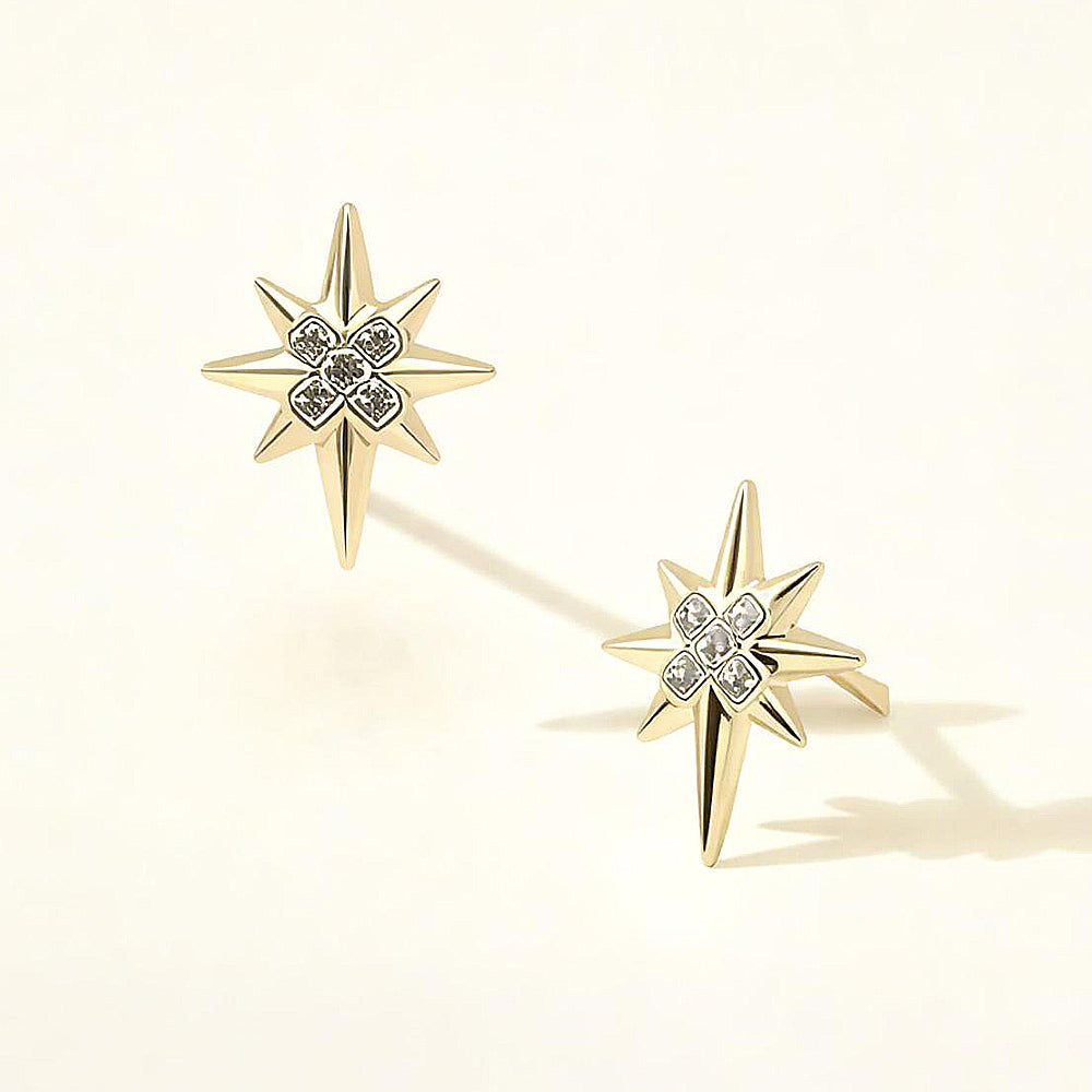 14K Gold Dipped CZ Pave North Star Stud Earrings