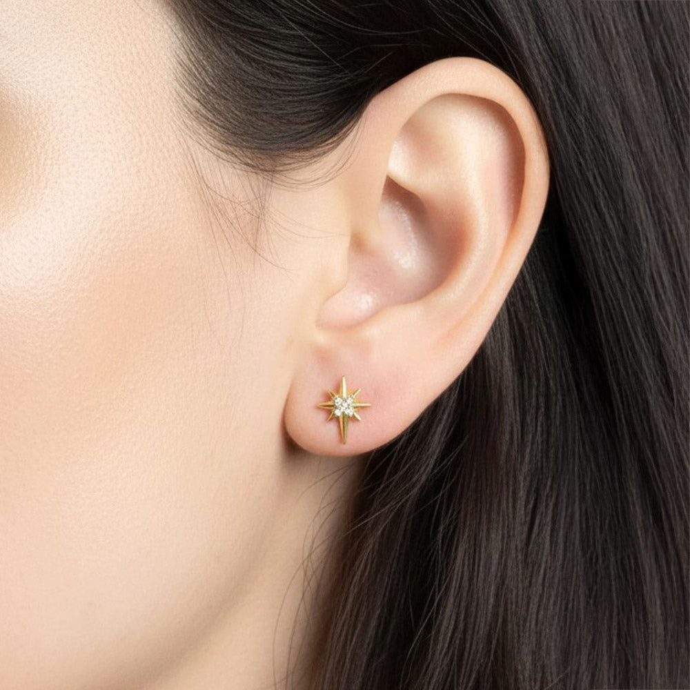 14K Gold Dipped CZ Pave North Star Stud Earrings