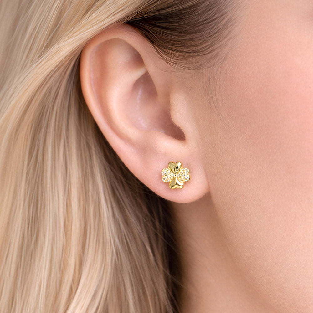 14K Gold Dipped CZ Pave Clover Stud Earrings