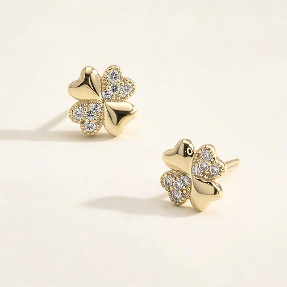 14K Gold Dipped CZ Pave Clover Stud Earrings