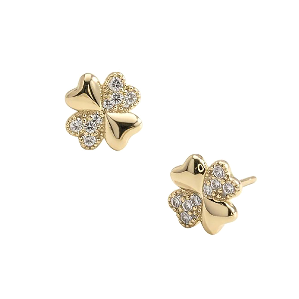 14K Gold Dipped CZ Pave Clover Stud Earrings