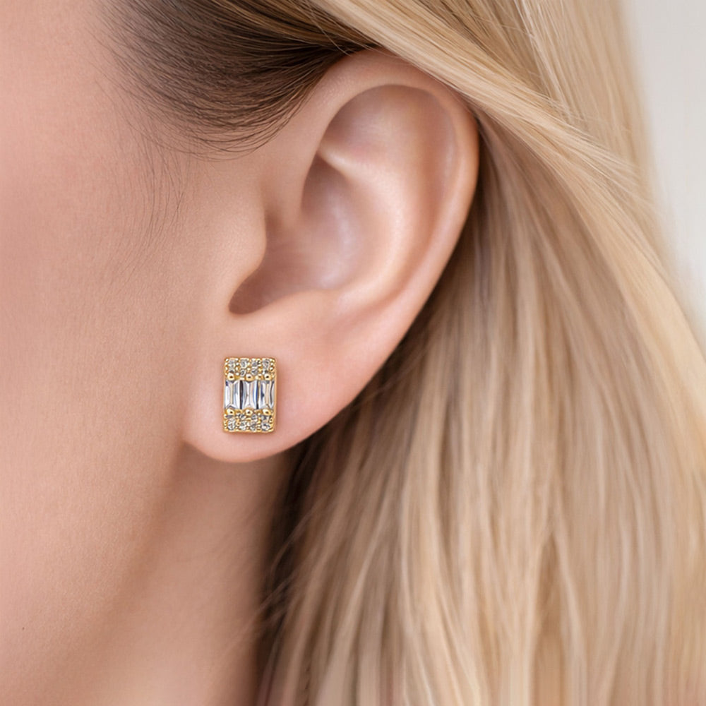 14K Gold Dipped Baguette CZ Pave Bar Stud Earrings
