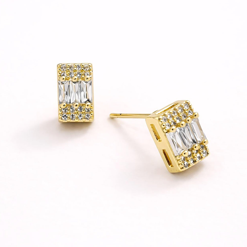 14K Gold Dipped Baguette CZ Pave Bar Stud Earrings