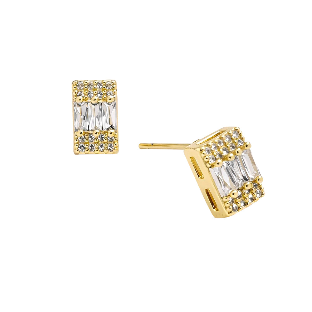 14K Gold Dipped Baguette CZ Pave Bar Stud Earrings