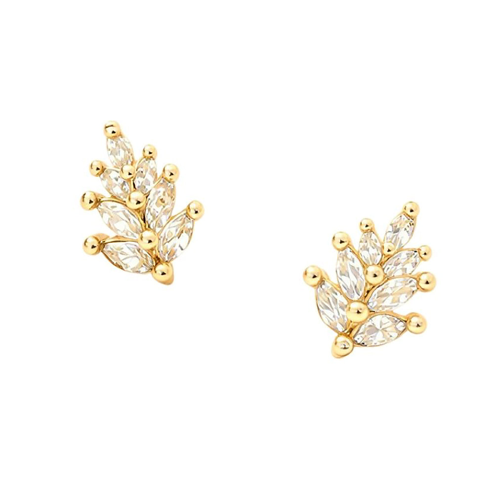 14K Gold Dipped CZ Marquise Leaf Stud Earrings