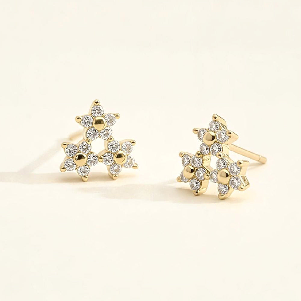 14K Gold Dipped CZ Pave Triple Star Cluster Stud Earrings