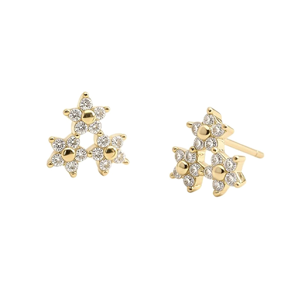 14K Gold Dipped CZ Pave Triple Star Cluster Stud Earrings