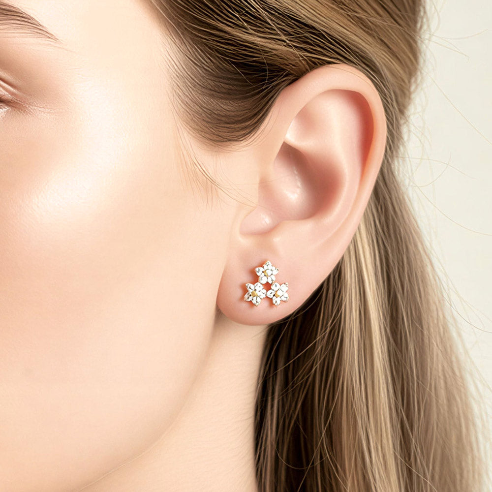 14K Gold Dipped CZ Pave Triple Star Cluster Stud Earrings