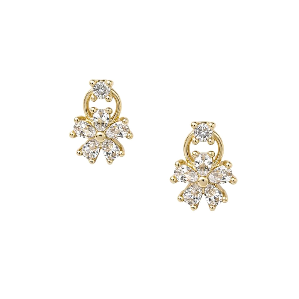14K Gold Dipped CZ Floral Cluster Drop Stud Earrings