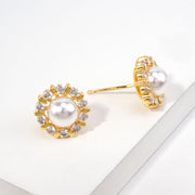 14K Gold Dipped Pearl Center CZ Halo Stud Earrings