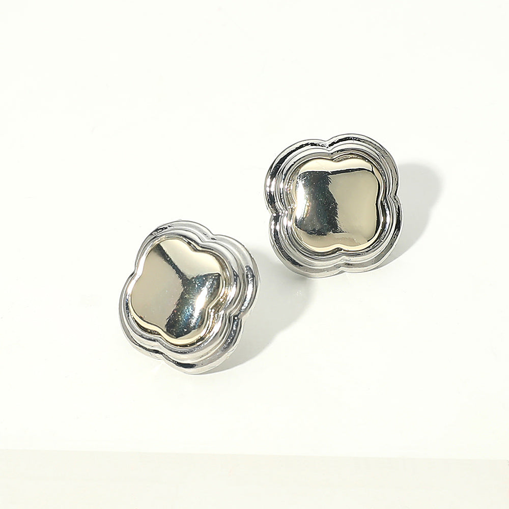 14K Gold Plated Two Tone Quatrefoil Stud Earrings
