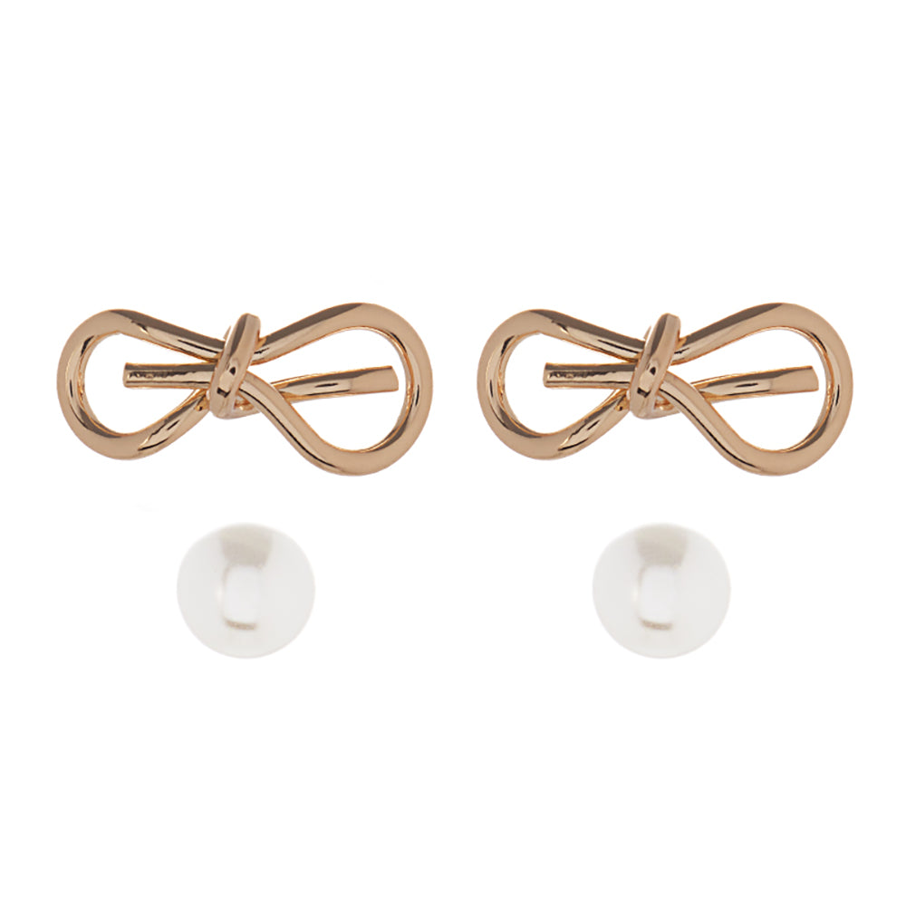 2Pairs - Metal Wire Bow Pearl Stud Earrings