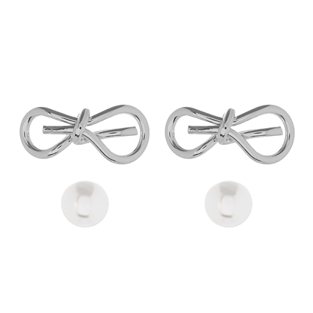 2Pairs - Metal Wire Bow Pearl Stud Earrings