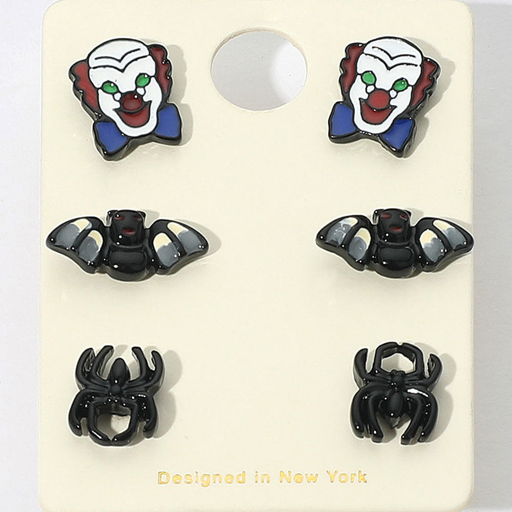 3Pairs - Halloween Clown Bat Spider Stud Earring Set