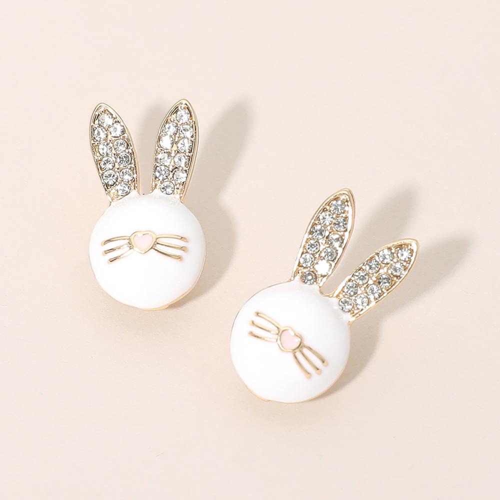 Rhinestone Pave Easter Bunny Face Stud Earrings