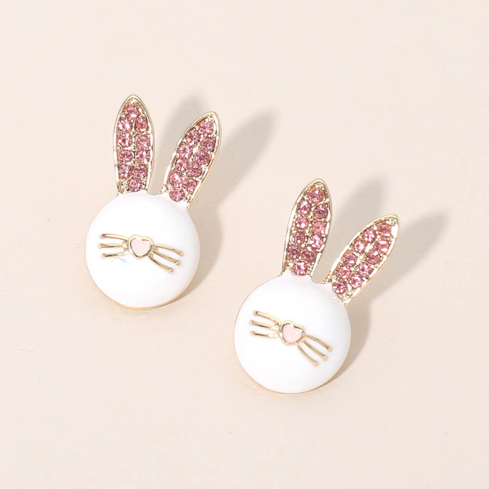Rhinestone Pave Easter Bunny Face Stud Earrings