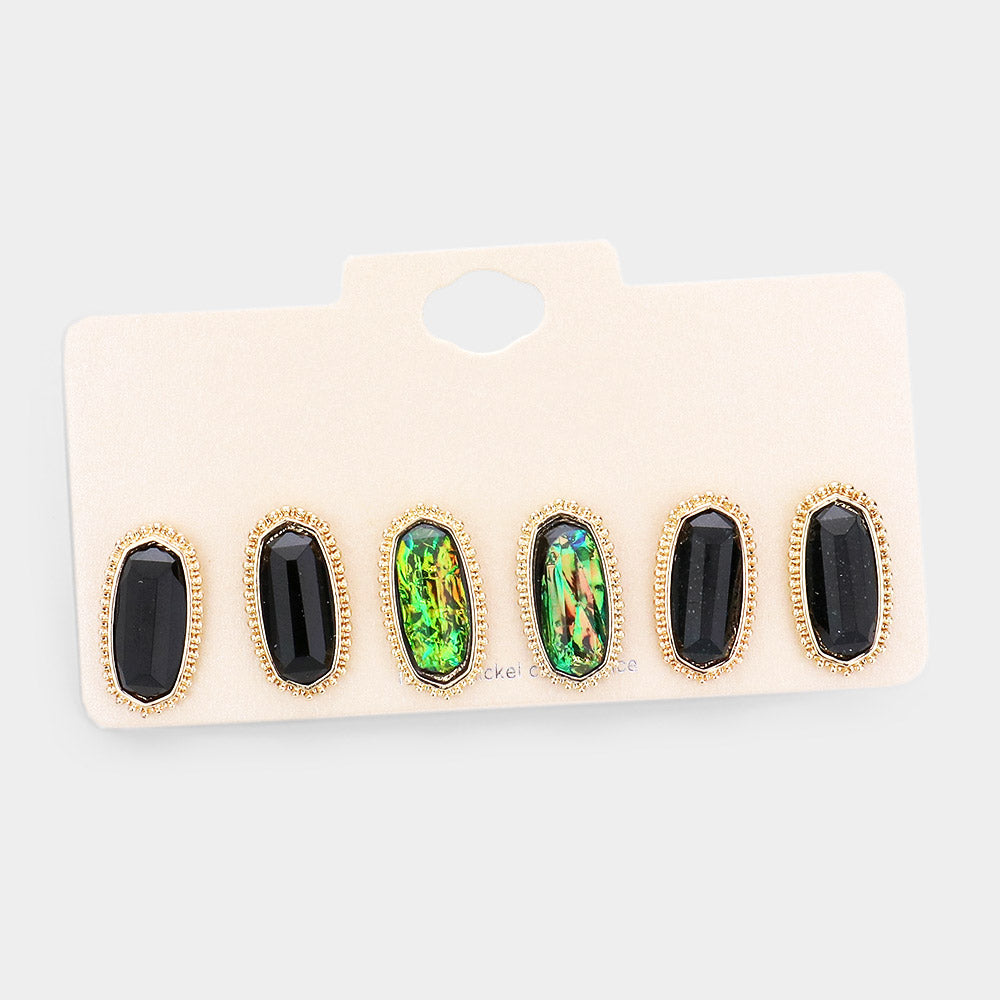 3Pairs - Gold Trim Hexagon Bead Stud Earrings