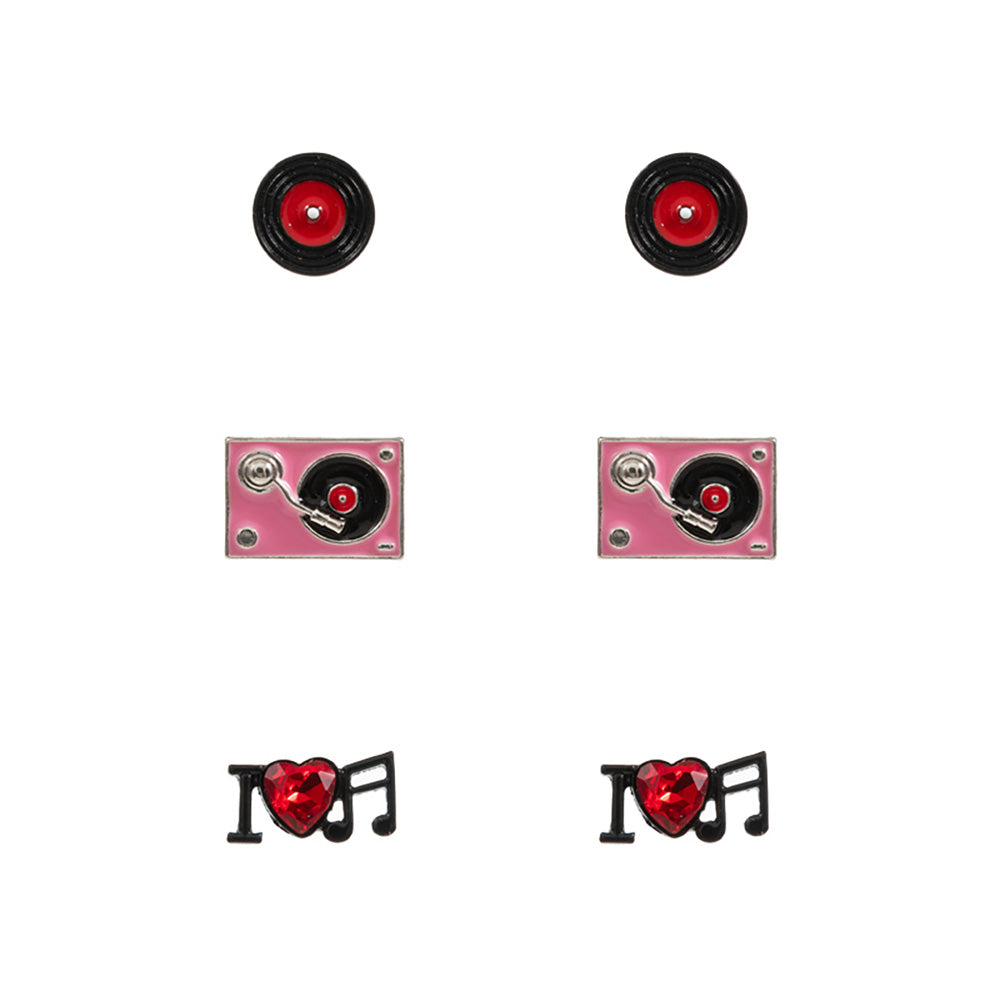 3PAIRS - Enamel Turn Table Music Stud Earring Set
