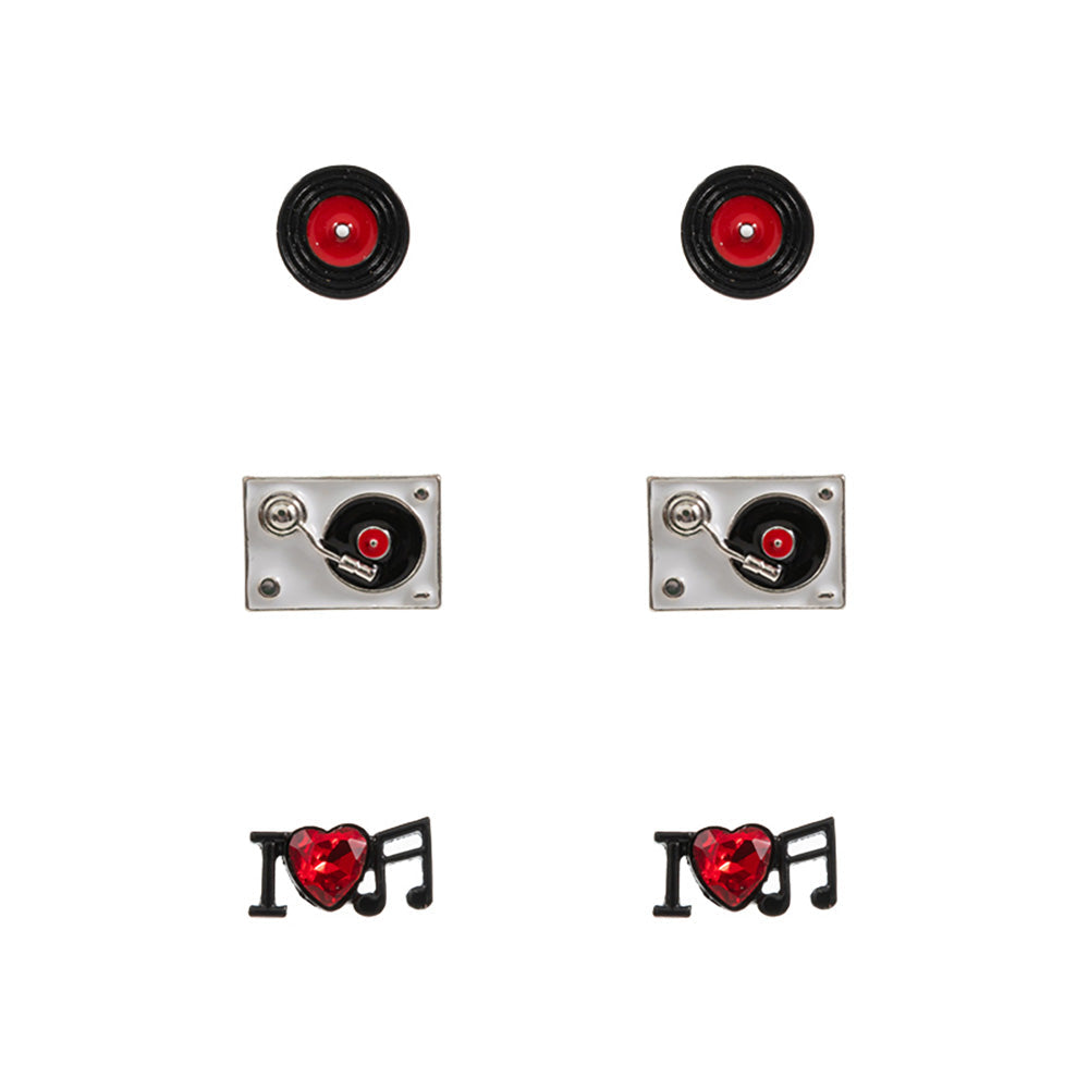 3PAIRS - Enamel Turn Table Music Stud Earring Set