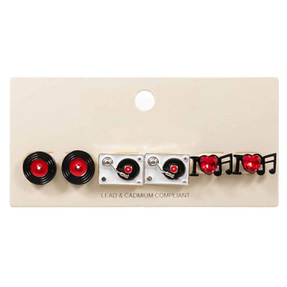3PAIRS - Enamel Turn Table Music Stud Earring Set