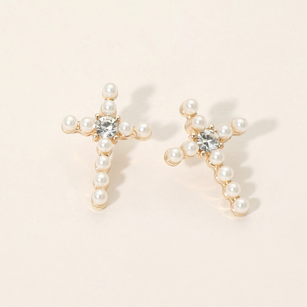 Rhinestone Center Pearl Beaded Cross Stud Earrings