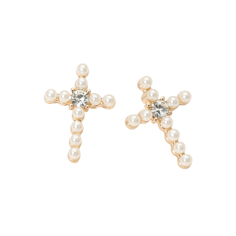 Rhinestone Center Pearl Beaded Cross Stud Earrings
