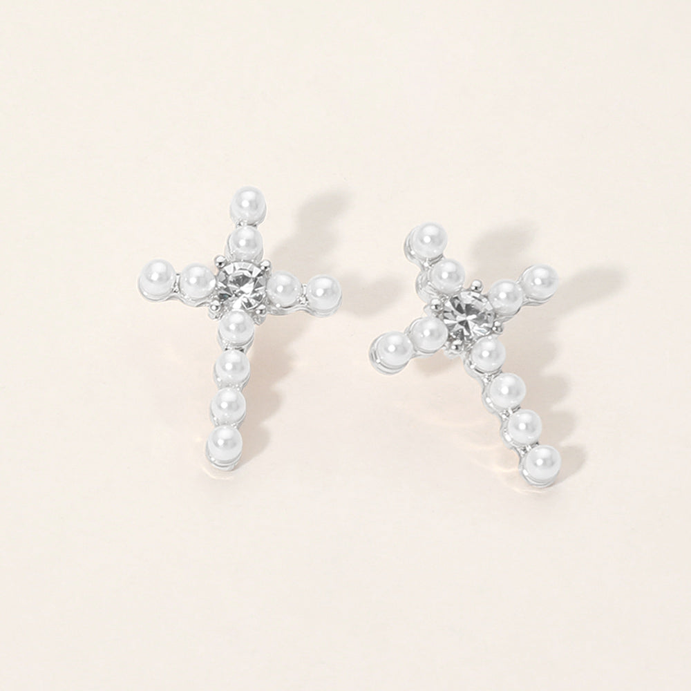 Rhinestone Center Pearl Beaded Cross Stud Earrings