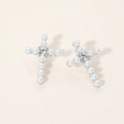 Rhinestone Center Pearl Beaded Cross Stud Earrings