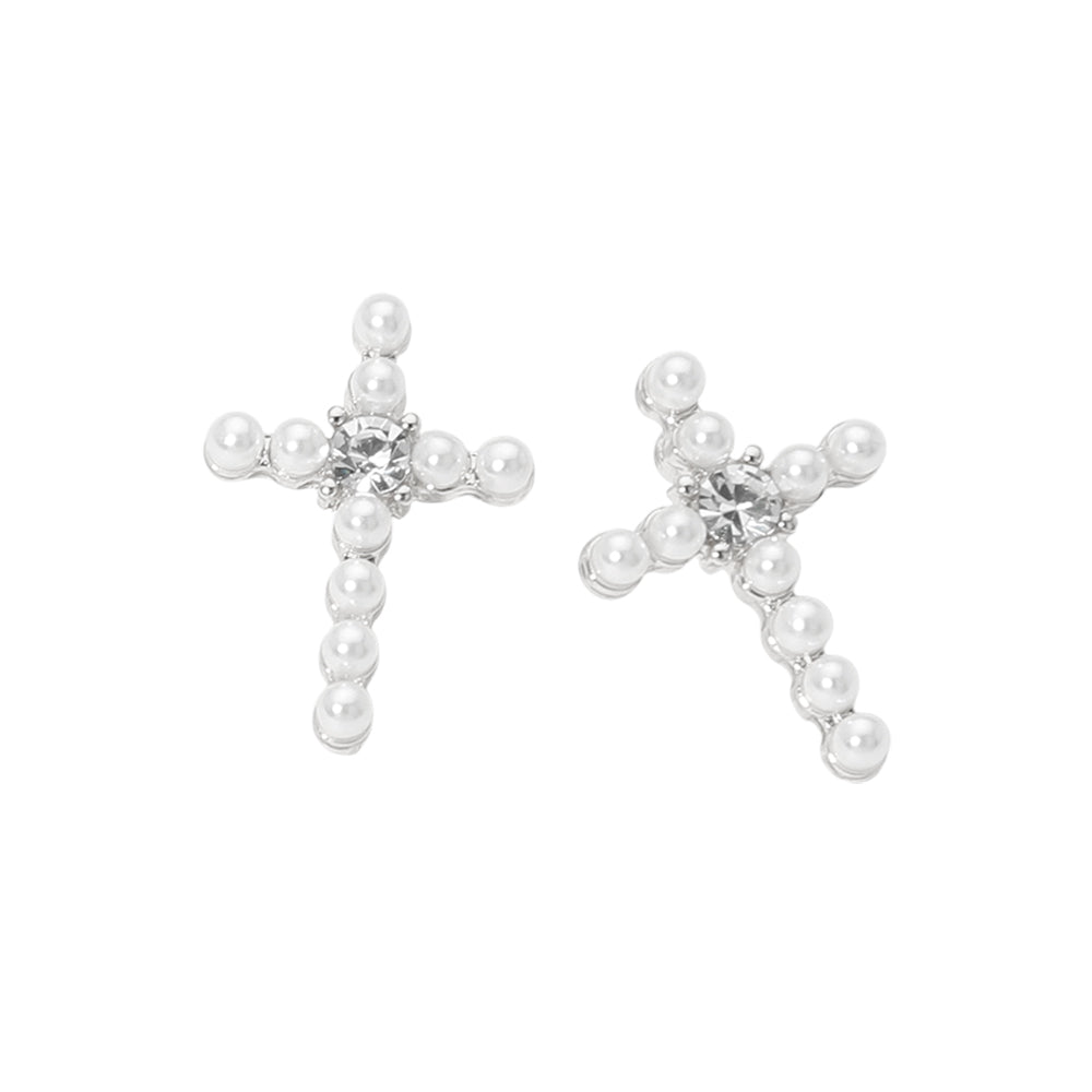 Rhinestone Center Pearl Beaded Cross Stud Earrings
