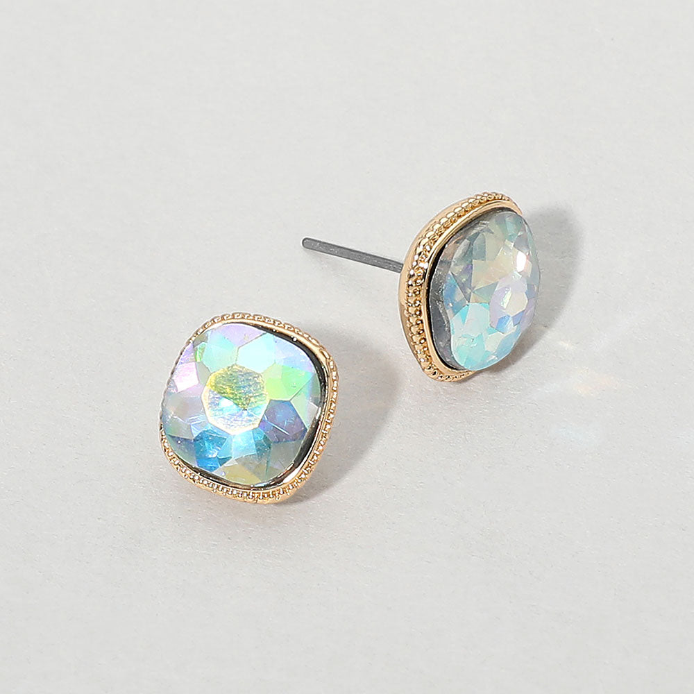 Cushion-cut Faceted Iridescent Stone Stud Earrings