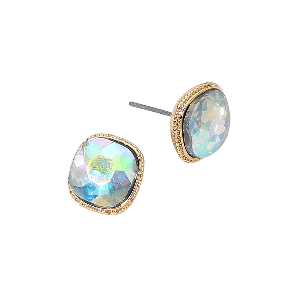 Cushion-cut Faceted Iridescent Stone Stud Earrings