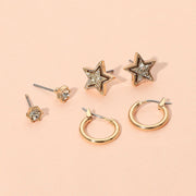3Pairs - Brass Metal Round Stone Druzy Star Hoop Earring Set