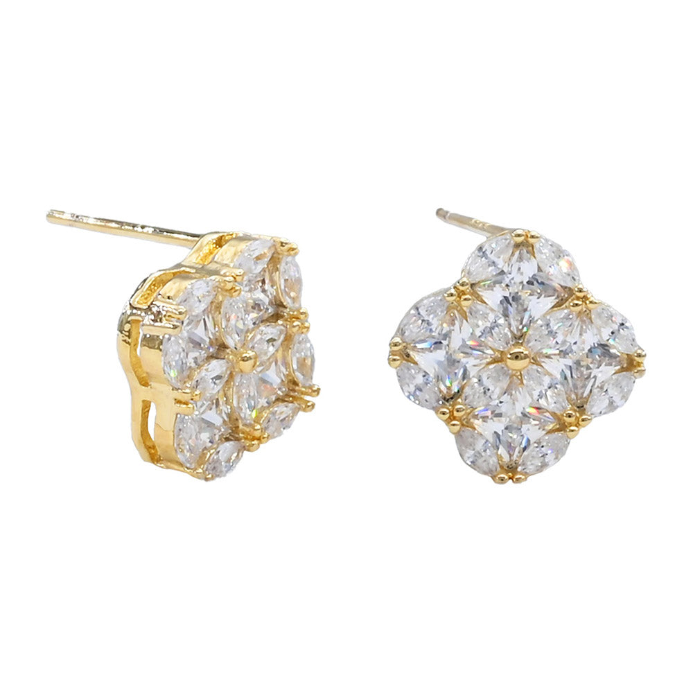 Gold Dipped CZ Quatrefoil Stud Earrings