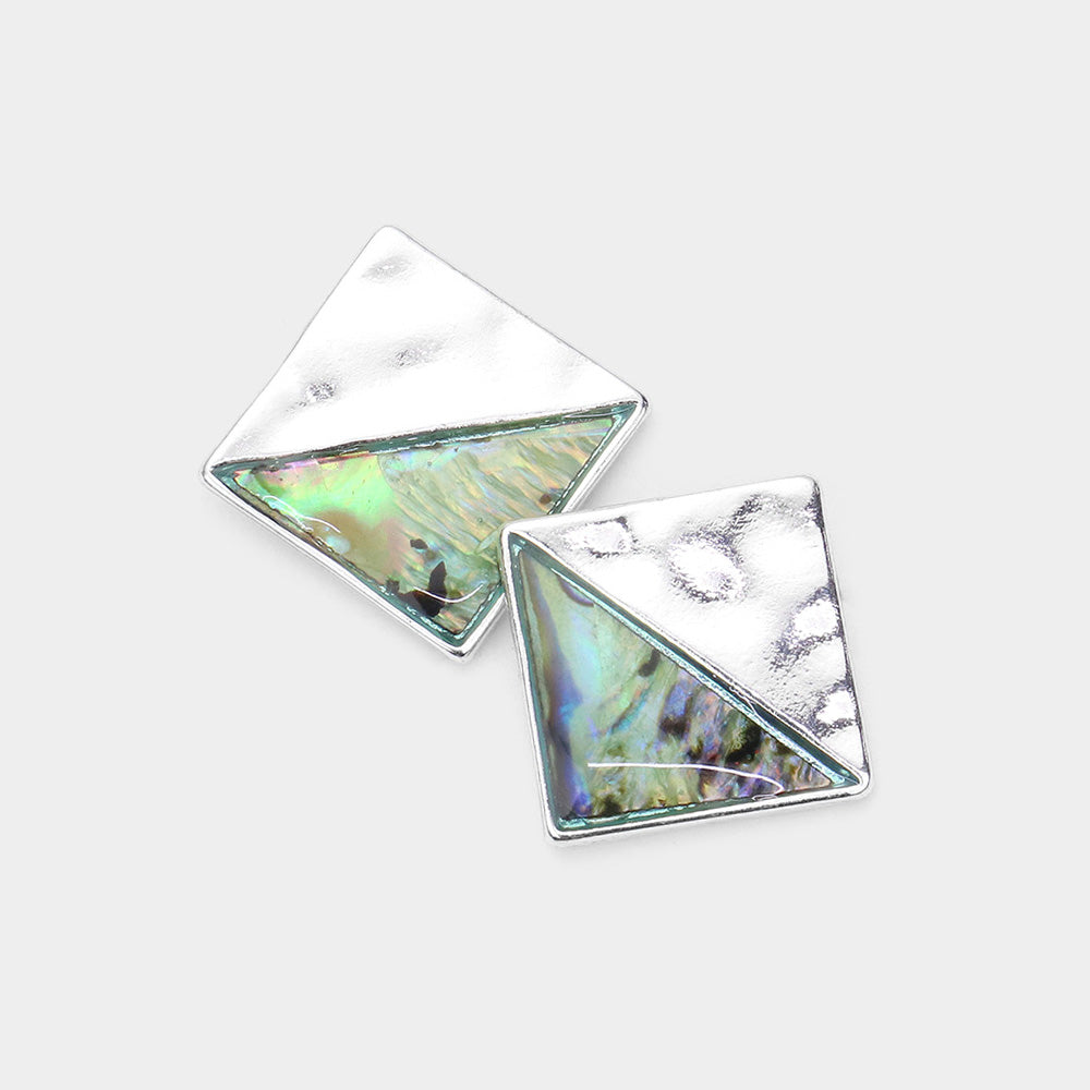 Abalone Accented Hammered Metal Square Stud Earrings
