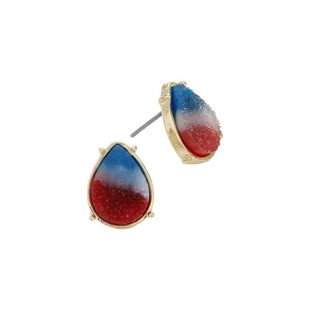American USA Flag Theme Druzy Teardrop Stud Earrings