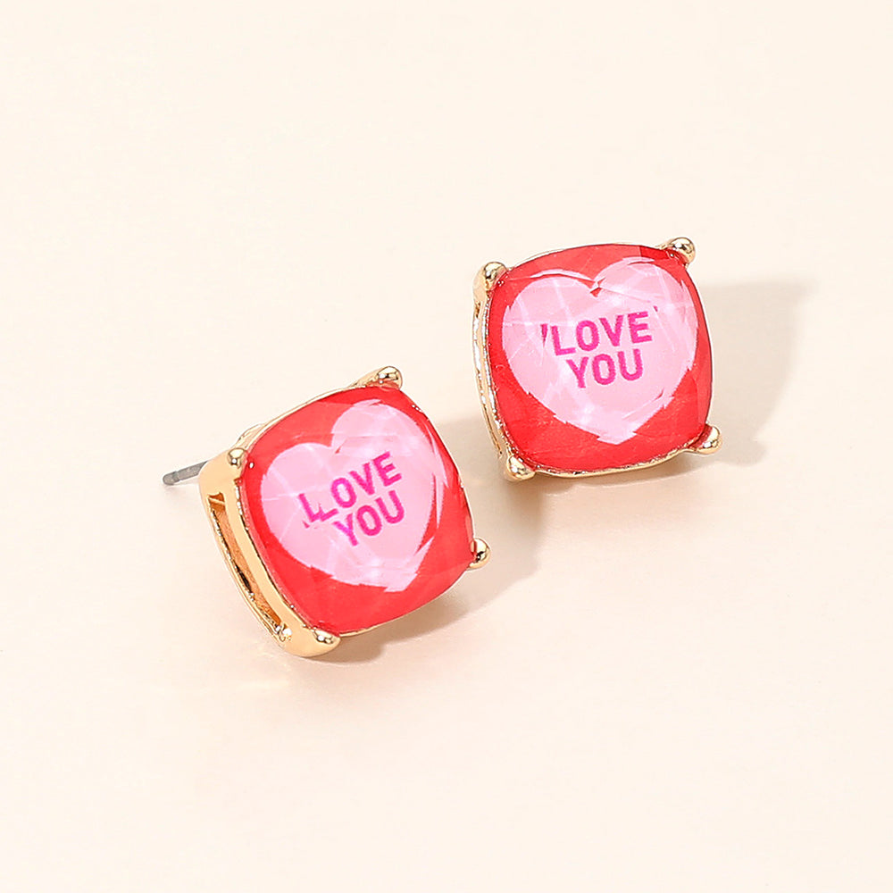 LOVE YOU Message Heart Square Cushion Stud Earrings