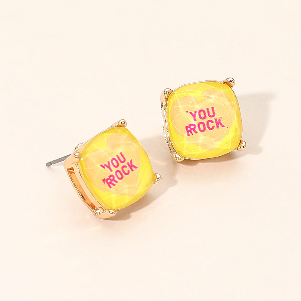YOU ROCK Message Heart Square Cushion Stud Earrings