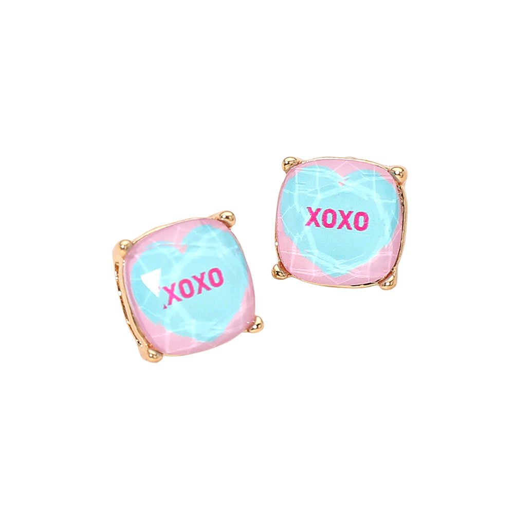 XOXO Message Heart Square Cushion Stud Earrings