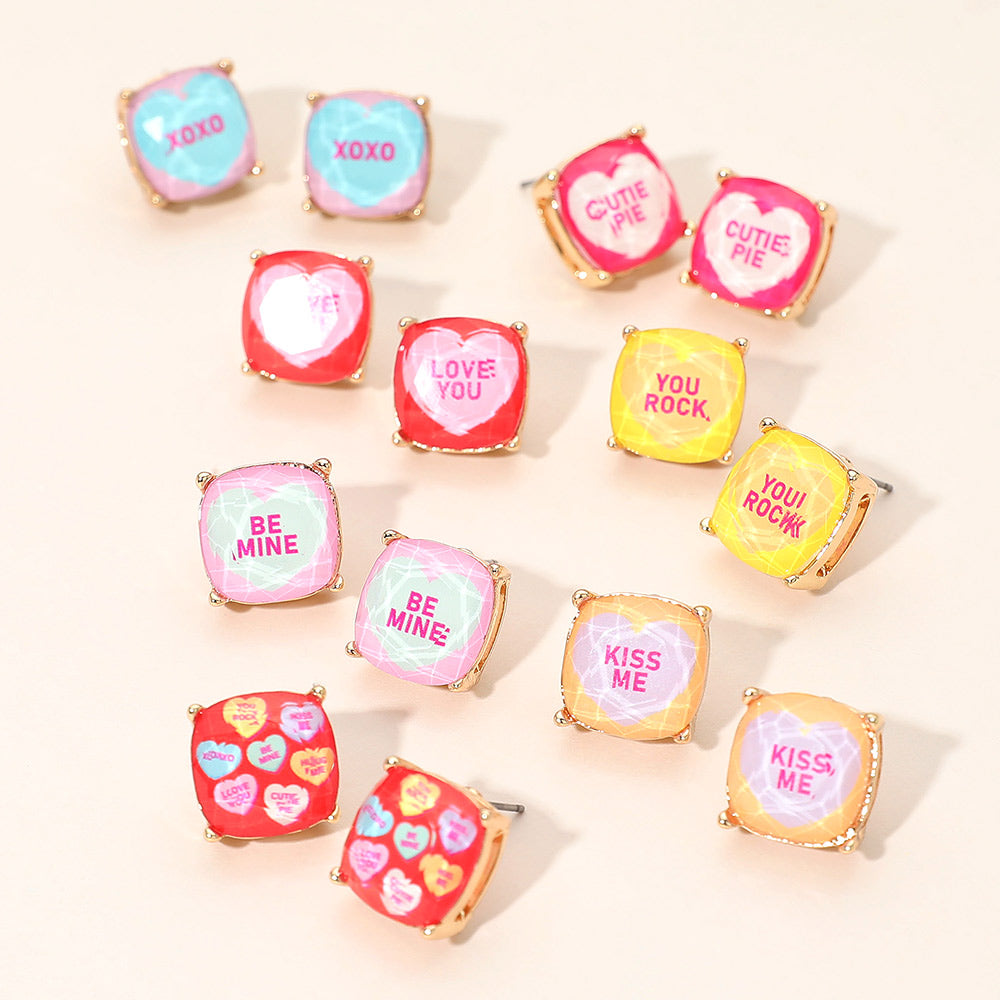 XOXO Message Heart Square Cushion Stud Earrings