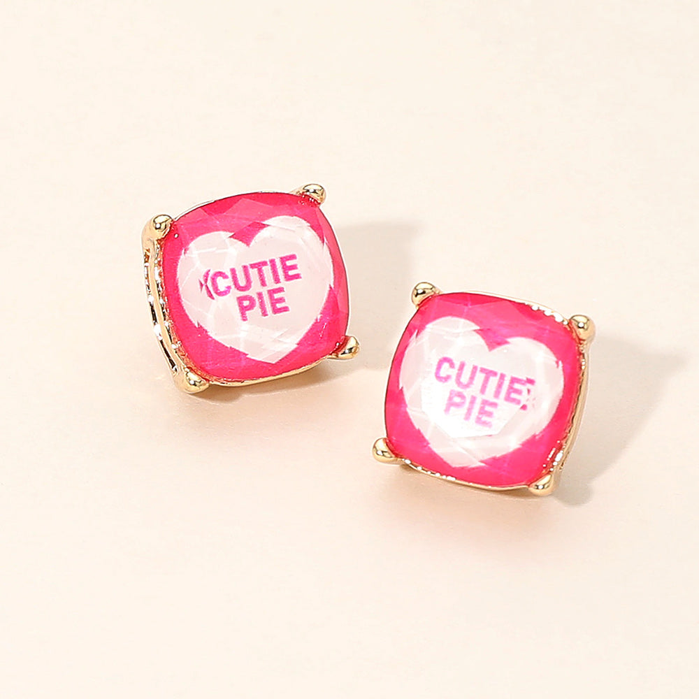 CUTIE PIE Message Heart Square Cushion Stud Earrings