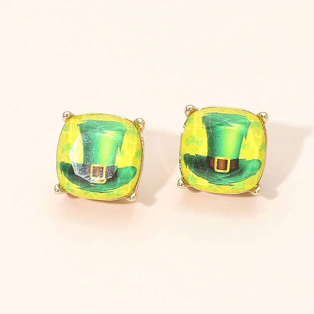 St Patricks Leprechaun Hat Square Cushion Stud Earrings