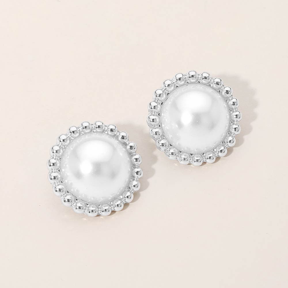 Beaded Rim Pearl Stud Earrings