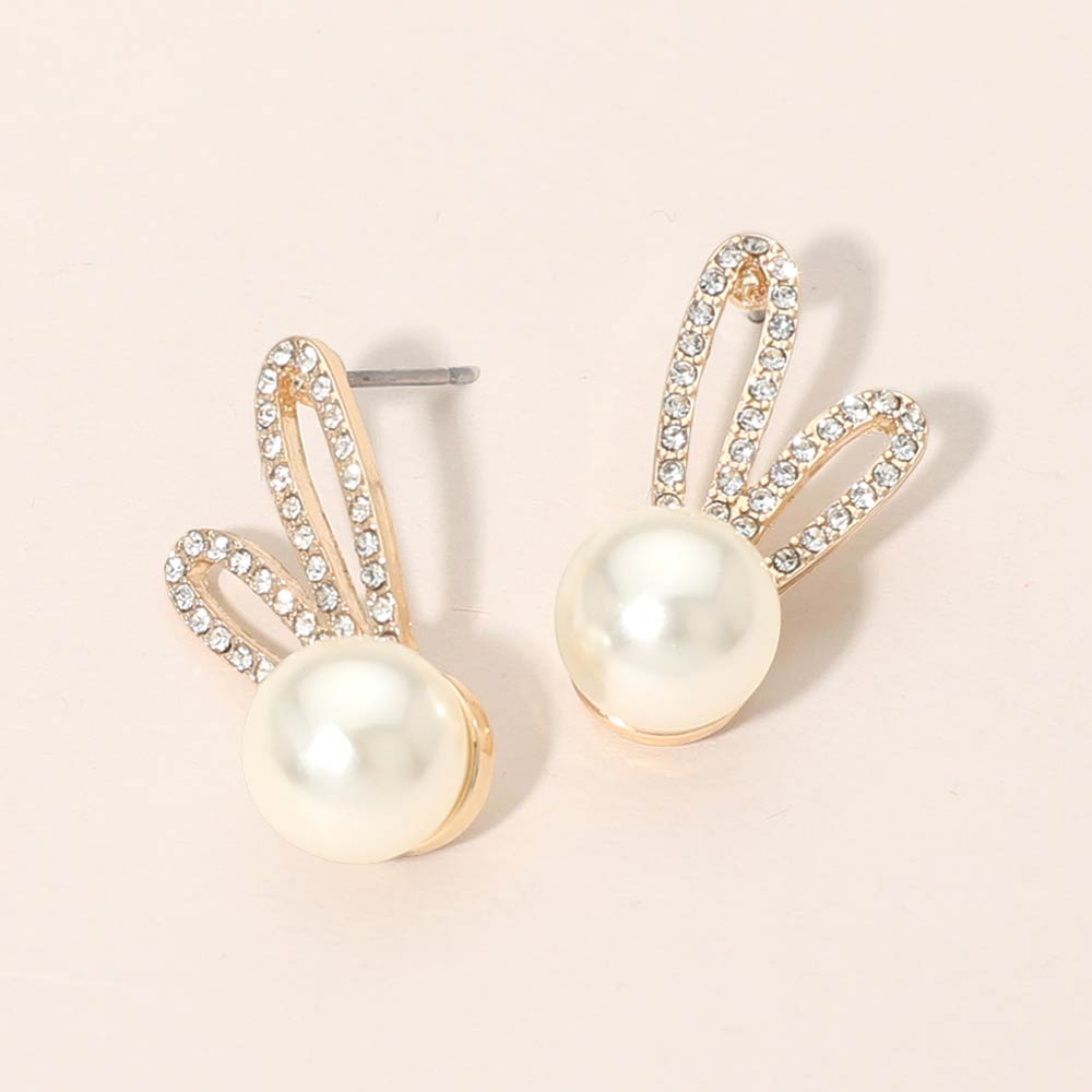 Rhinestone Pave Ear Pearl Bunny Stud Earrings