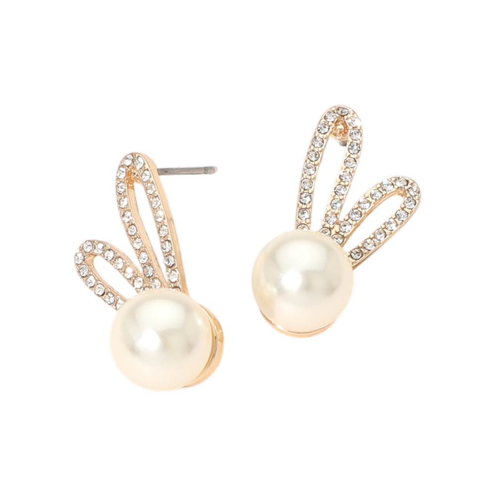 Rhinestone Pave Ear Pearl Bunny Stud Earrings
